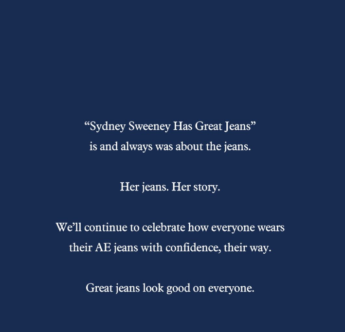 American Eagle brand Instagram response to Sydney Sweeney ad controversy