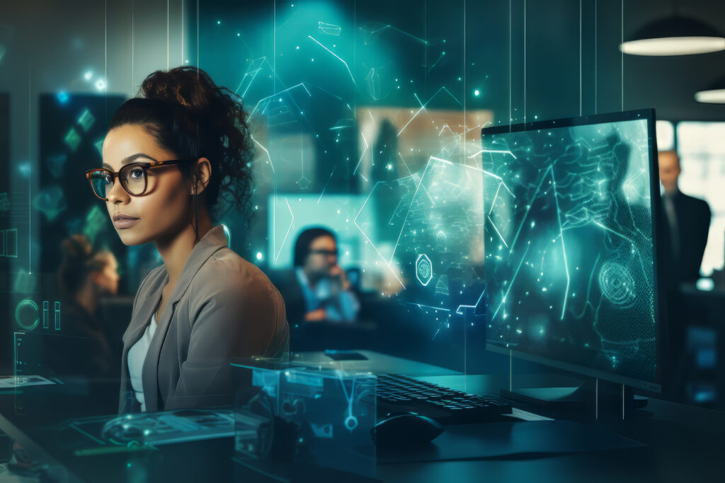 Business woman working in a futuristic work office setting