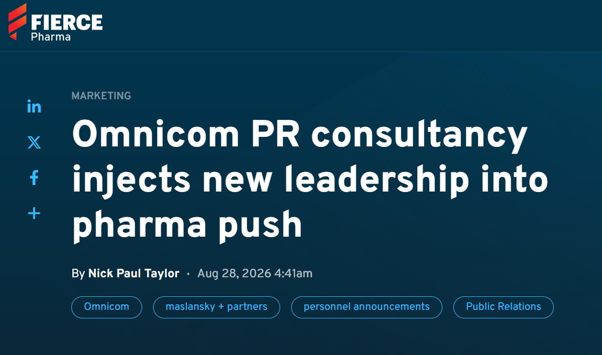 Headline from FiercePharma.com announcing leadership changes at maslansky + partners